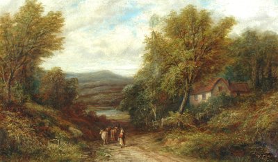 Kobieta prowadząca bydło po pasie autorstwa English School